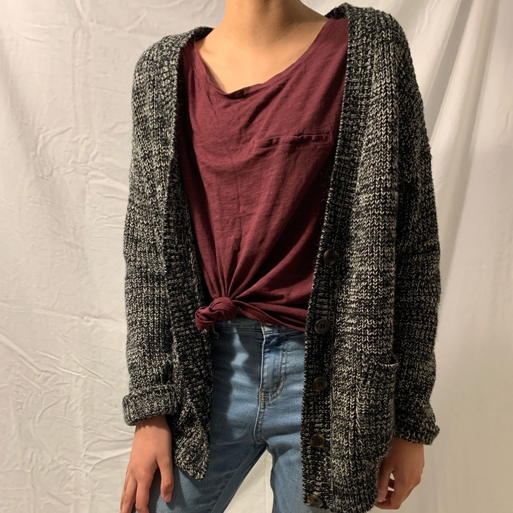 black and white speckled knit cardigan